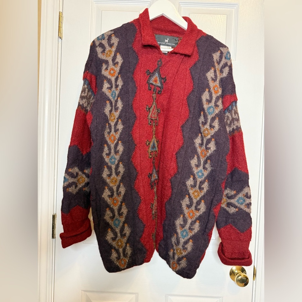 Peruvian Connection Red and Purple Patterned Wool Cardigan